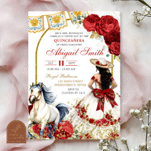 White and Red Rose Charra Quinceanera Invitation