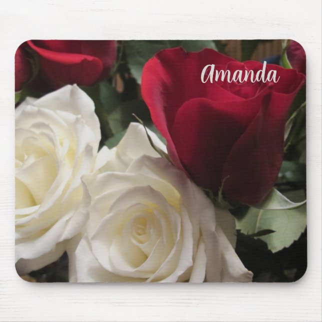White and Red Roses Floral Mouse Pad Custom (Front)