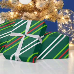 White and Red Stripes on Dark Green Christmas Wrapping Paper