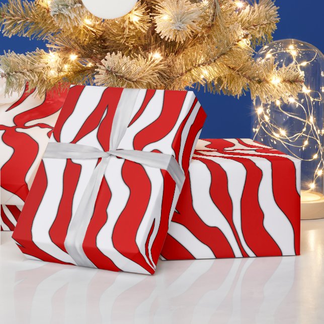 White And Red Tiger Stripes Animal Print Wrapping Paper (Holidays)