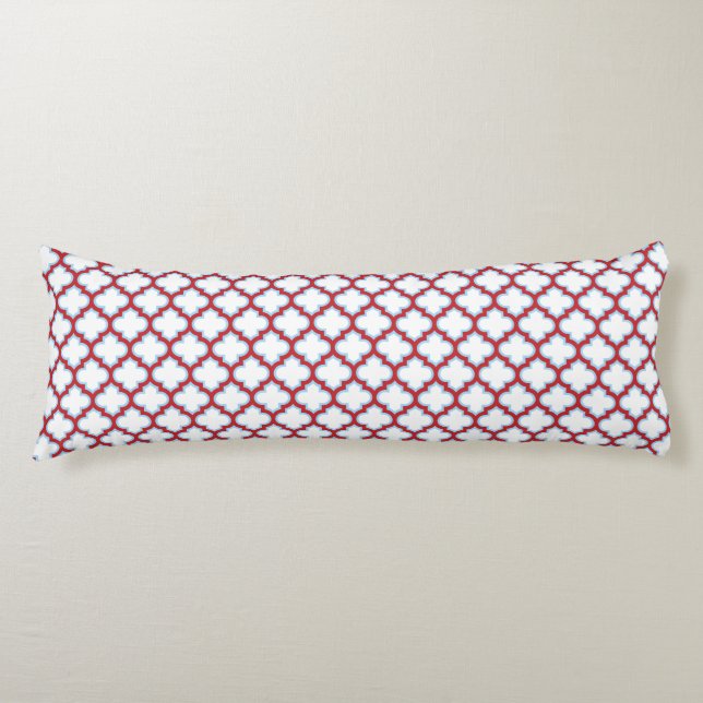 White and Red Trellis, Lattice, Quatrefoil Body Cushion (Front)