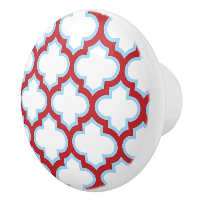 White and Red Trellis, Lattice, Quatrefoil Ceramic Knob (Right)