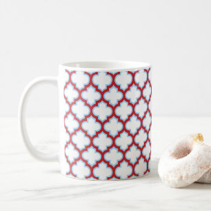 White and Red Trellis, Lattice, Quatrefoil Coffee Mug