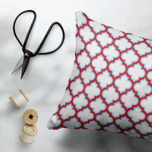 White and Red Trellis, Lattice, Quatrefoil Decorative Cushion