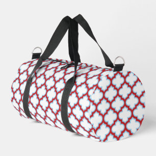 White and Red Trellis, Lattice, Quatrefoil Duffle Bag