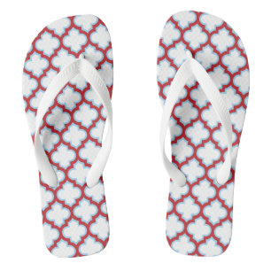 White and Red Trellis, Lattice, Quatrefoil Flip Flops