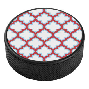 White and Red Trellis, Lattice, Quatrefoil Hockey Puck
