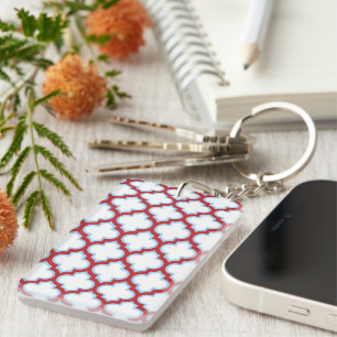 White and Red Trellis, Lattice, Quatrefoil Key Ring