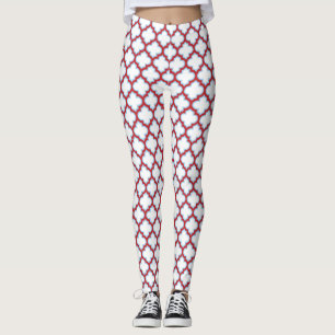 White and Red Trellis, Lattice, Quatrefoil Leggings