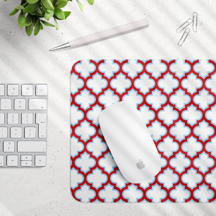White and Red Trellis, Lattice, Quatrefoil Mouse Mat