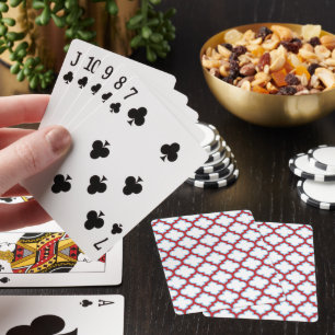 White and Red Trellis, Lattice, Quatrefoil Playing Cards