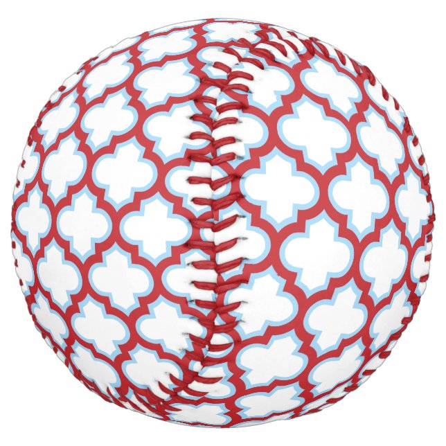 White and Red Trellis, Lattice, Quatrefoil Softball (Angled)