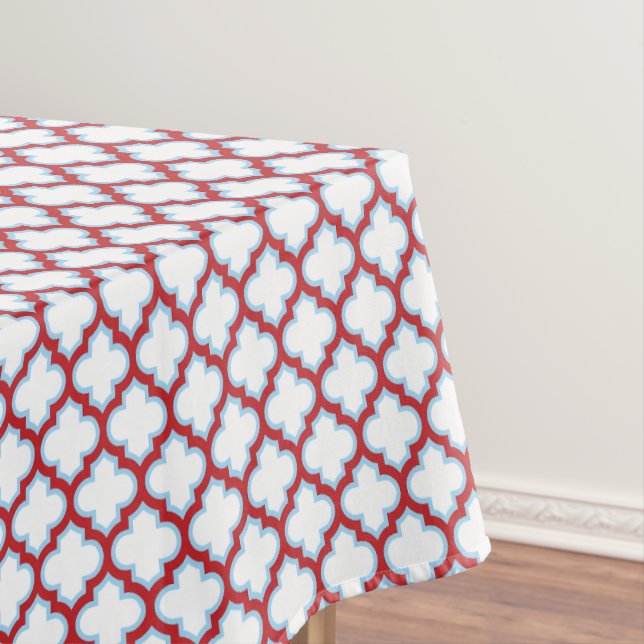White and Red Trellis, Lattice, Quatrefoil Tablecloth (In Situ)