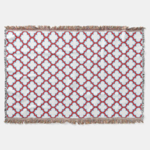 White and Red Trellis, Lattice, Quatrefoil Throw Blanket