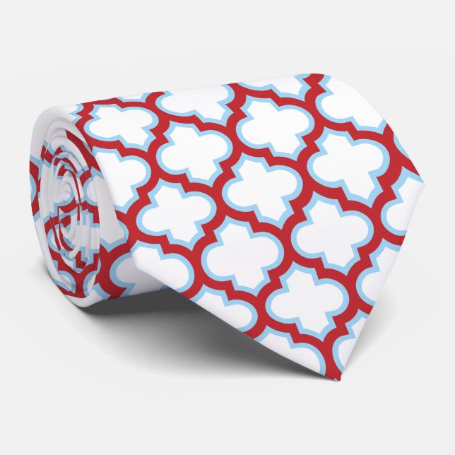 White and Red Trellis, Lattice, Quatrefoil Tie (Rolled)