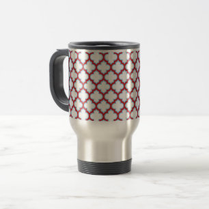 White and Red Trellis, Lattice, Quatrefoil Travel Mug