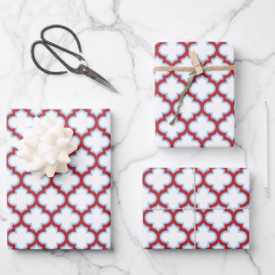 White and Red Trellis, Lattice, Quatrefoil Wrapping Paper Sheet