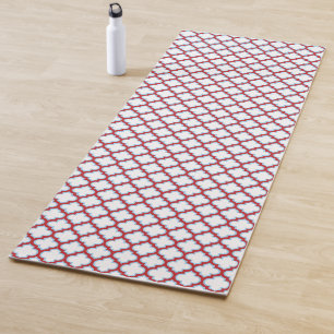 White and Red Trellis, Lattice, Quatrefoil Yoga Mat
