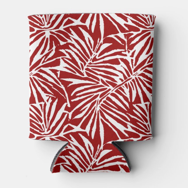 White And Red Tropical Leaf Repeating Pattern Can Cooler (Front)