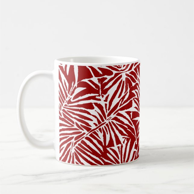 White And Red Tropical Leaf Repeating Pattern Coffee Mug (Left)