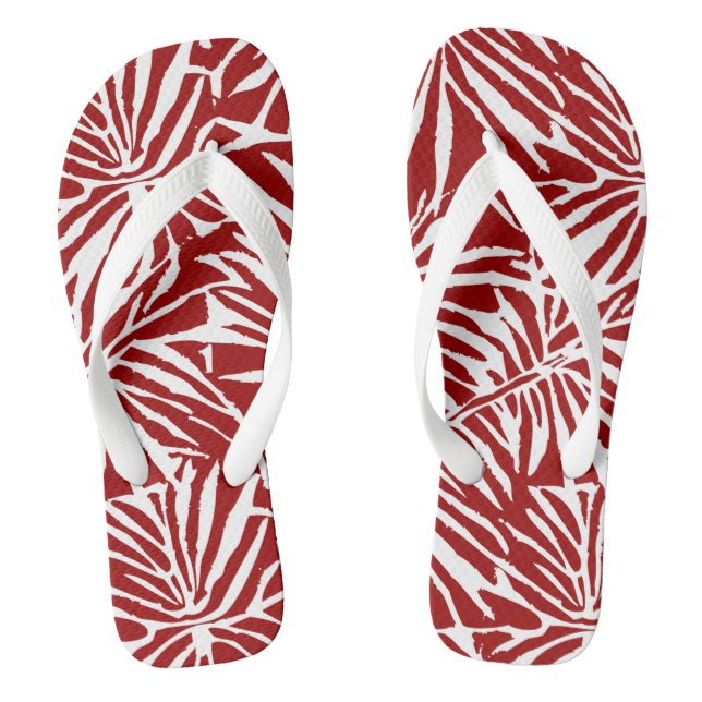 White And Red Tropical Leaf Repeating Pattern Flip Flops (Footbed)
