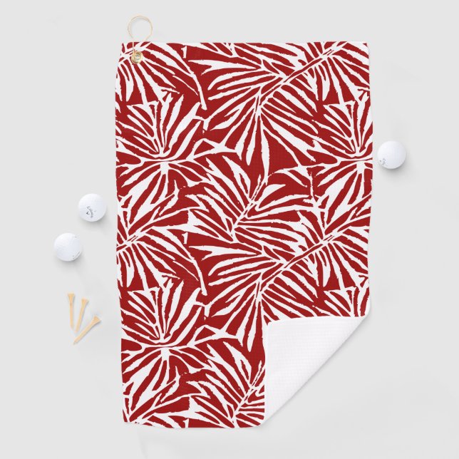 White And Red Tropical Leaf Repeating Pattern Golf Towel (InSitu)