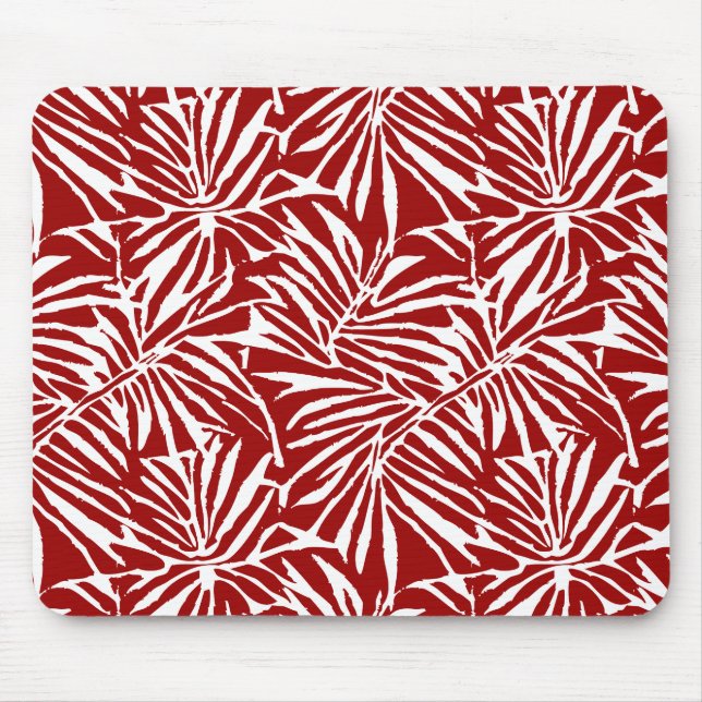 White And Red Tropical Leaf Repeating Pattern Mouse Mat (Front)