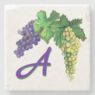 White and Red Wine Grapes Art Custom Monogram Stone Coaster