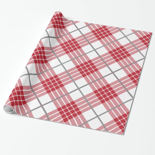 White and red with grey accents plaid pattern wrapping paper (Unrolled)