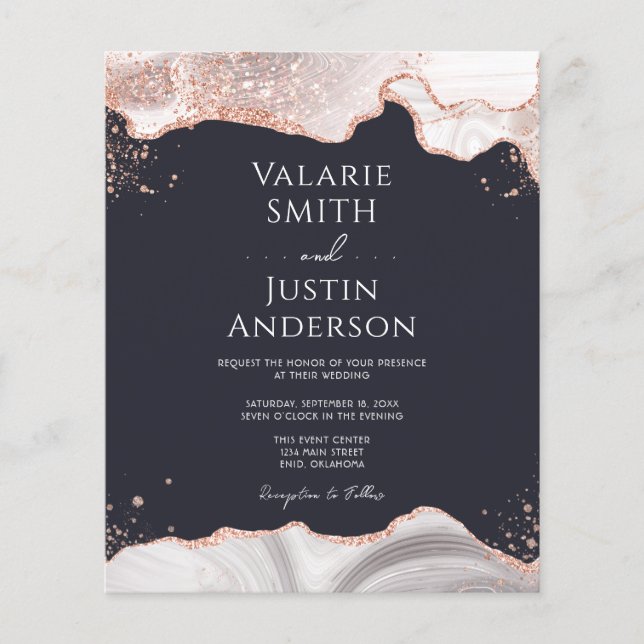 White and Rose Gold Agate Budget Wedding Flyer (Front)