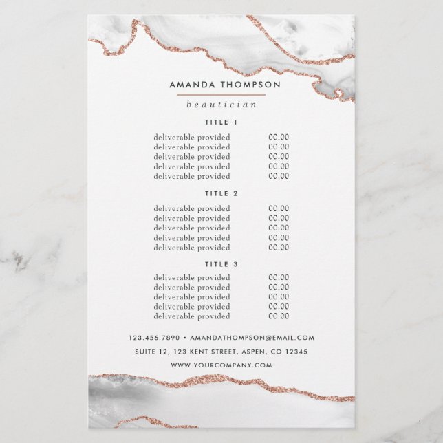 White and Rose Gold Agate Pricing and Services Flyer (Front)