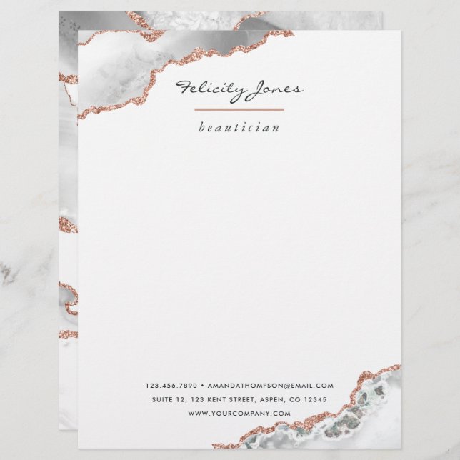 White and Rose Gold Agate Stone Business Custom Letterhead (Front/Back)
