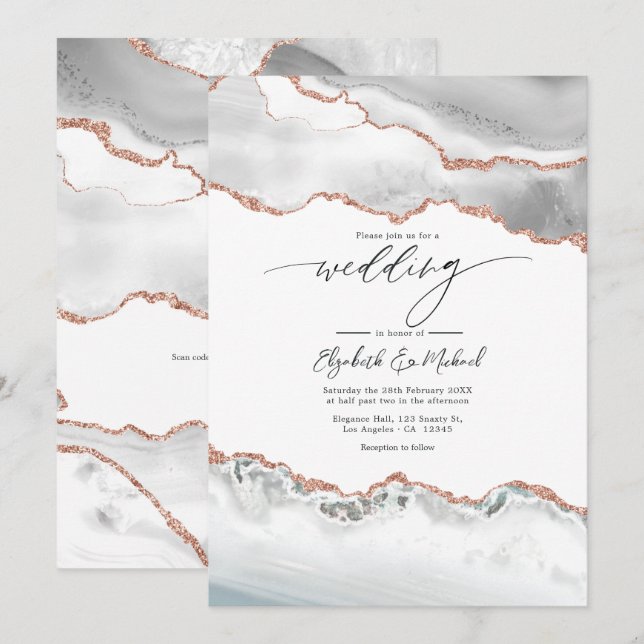 White and Rose Gold Agate Wedding QR Code Invitation (Front/Back)