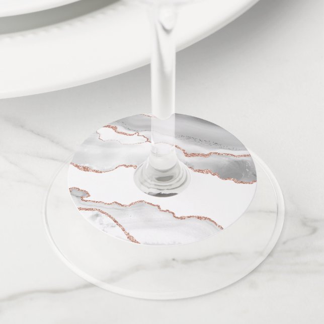 White and Rose Gold Agate Wine Glass Tag (Close Up)