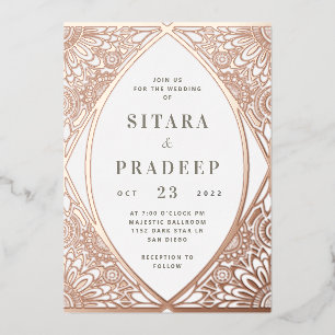 White and Rose Gold Arabesque Foil Invitation
