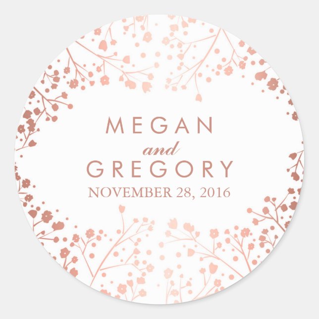White and Rose Gold Baby's Breath Wedding Classic Round Sticker (Front)