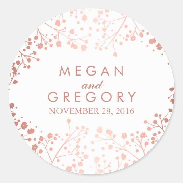 White and Rose Gold Baby's Breath Wedding Classic Round Sticker (Front)
