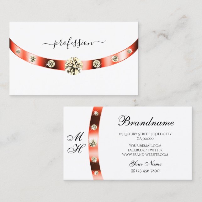 White and Rose Gold Border Monogram Rhinestones Business Card (Front/Back)