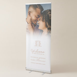 White and rose gold crown monogram wedding photo retractable banner