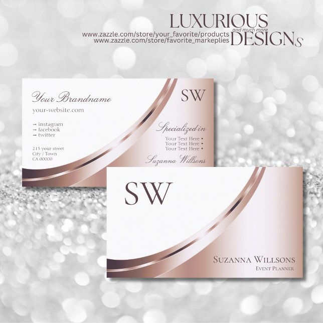White and Rose Gold Decor with Monogram Luxury Business Card (Creator Uploaded)