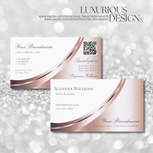 White and Rose Gold Decor with QR-Code Luxurious Business Card (Creator Uploaded)