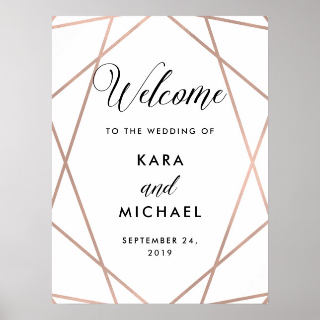 White and Rose Gold Diamond Wedding Welcome Poster (Front)