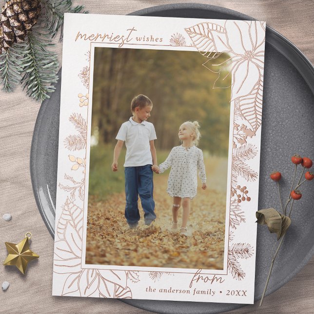White and Rose Gold | Elegant Christmas 1 Photo Foil Holiday Card (Creator Uploaded)