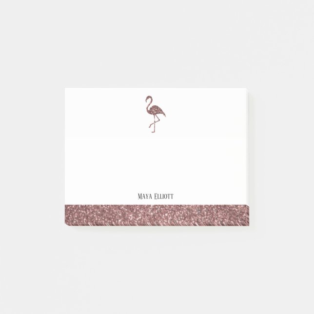 White and Rose Gold Faux Glitter Flamingo & Border Post-it Notes (Front)