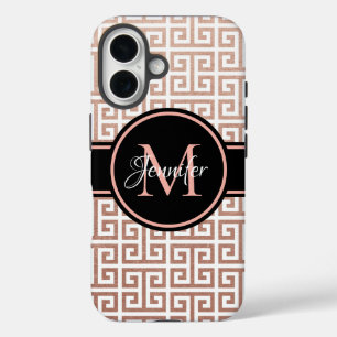 White and Rose Gold Foil Greek Key Black Monogram iPhone 16 Case
