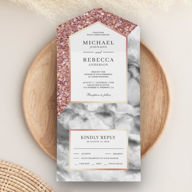 White and Rose Gold Glitter Grey Marble Wedding All In One Invitation (Creator Uploaded)