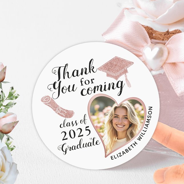 White and Rose Gold Graduation Photo Thank You Classic Round Sticker (Creator Uploaded)