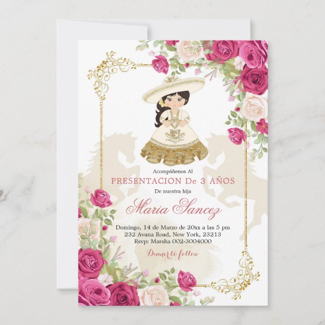 White and Rose Gold Mexican Girl Floral 3 Anos Invitation (Front)