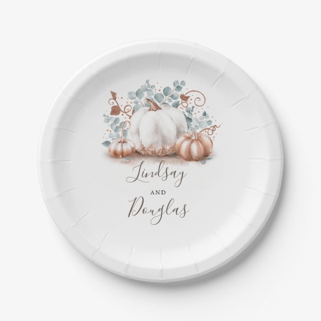 White and Rose Gold Pumpkin Fall Harvest Paper Plate (Front)