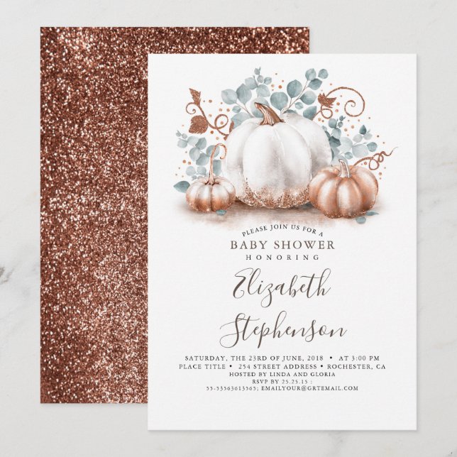 White and Rose Gold Pumpkins Fall Baby Shower Invitation (Front/Back)